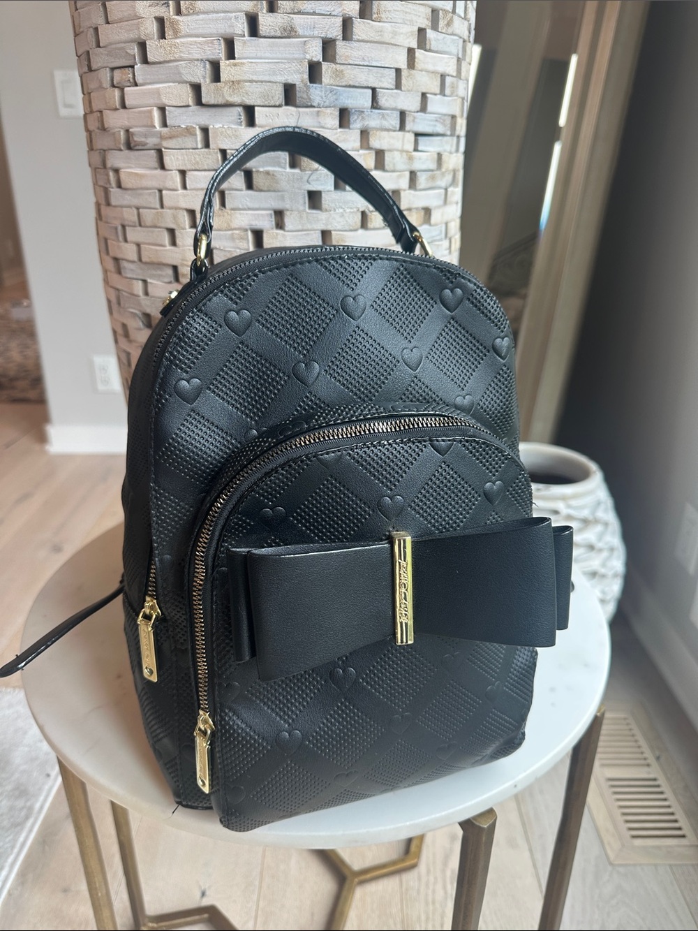 Black Quilted Heart Mini Backpack with Bow Accent